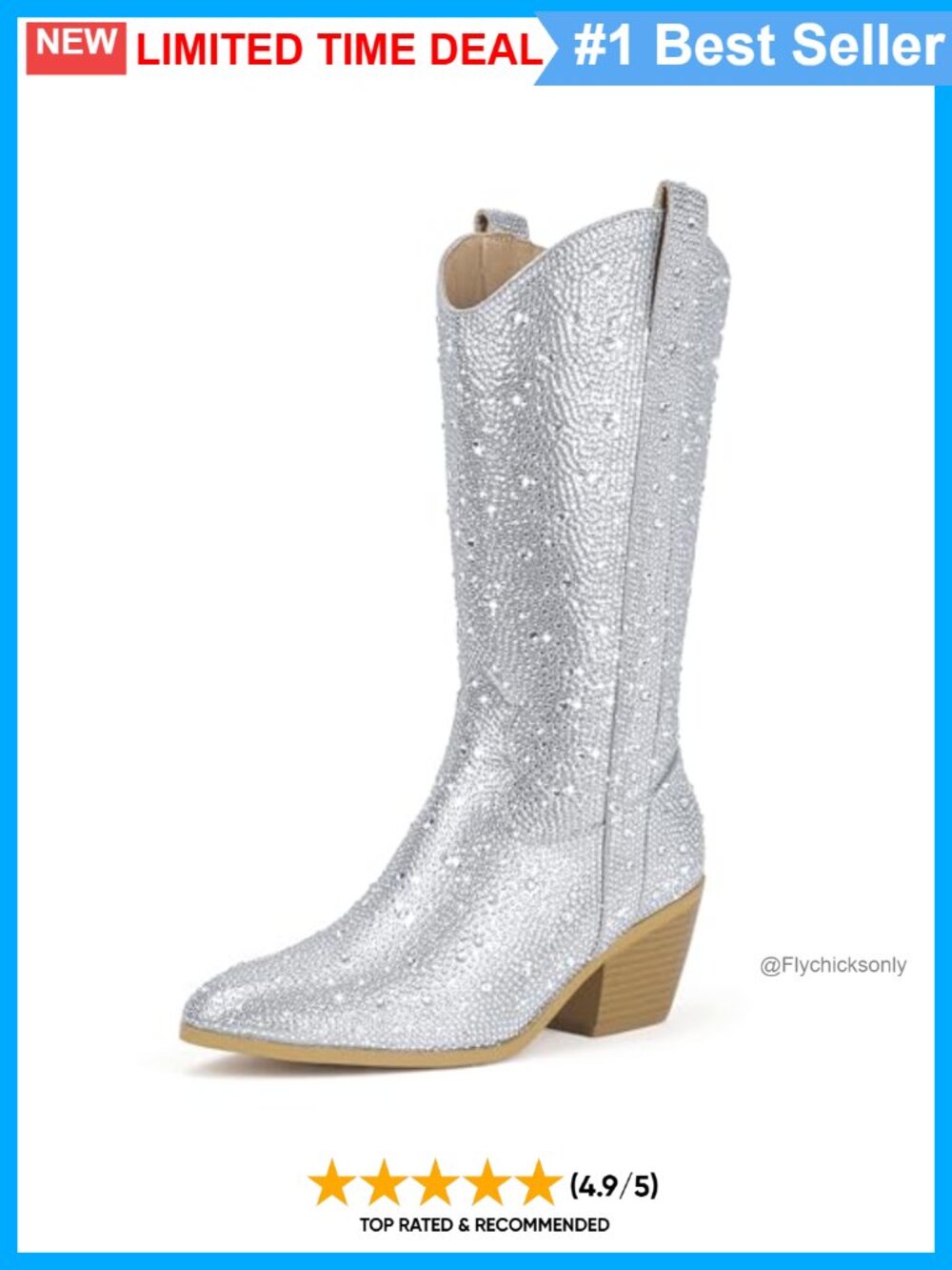 Rhinestone Mid Calf Western Cowboy Boots Pointed Toe Block Heel Side Zip